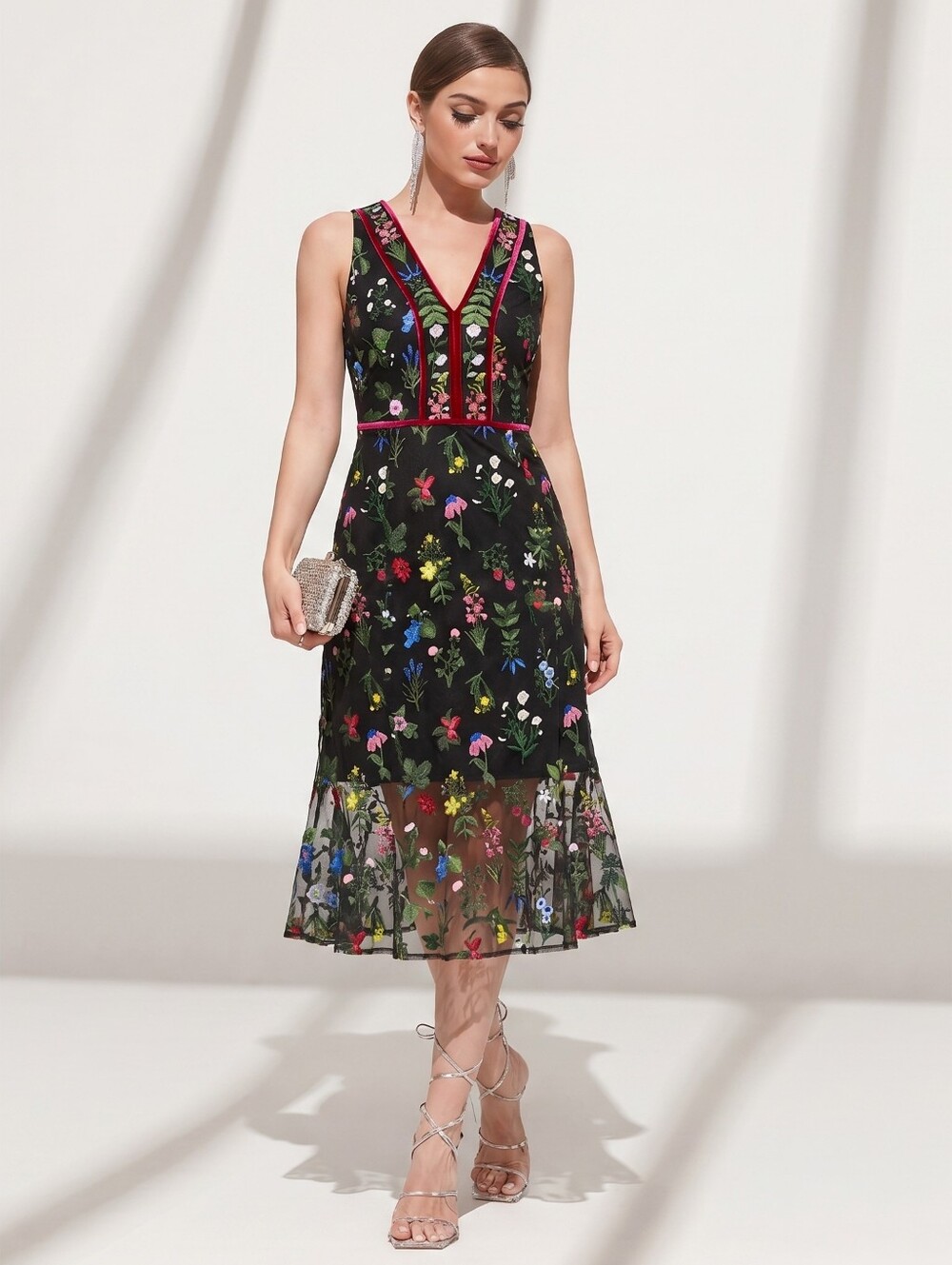 Sam Edelman Womens Black Floral Embroidered Mesh Sheer Midi Dress. Sz 14. Fairy